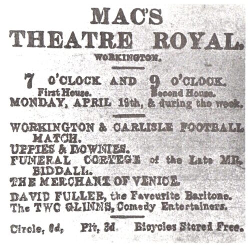 Here is an advert for MAC'S THEATRE ROYAL circa 1920. As the advert shows that particular week there were four films supported by DAVID FULLER, a favourite baritone and The TWO GLINNS, comedy entertainers