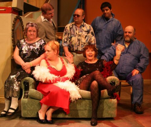 The Cast of "The Rise and Fall of Little Voice" Standing: Ian Hinde, Mike Savage and David Bird Seated: Val Brown, Charlie Douglas- Brown, Jenni Rushton and Morgan Sweeney