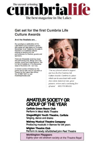 Cumbria Life Culture Awards -UPDATE - StagedRight Youth Theatre Won The Award. Well Done!