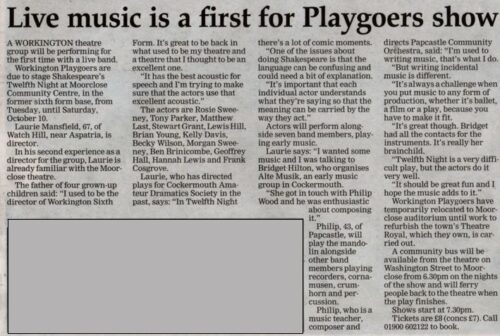 Live Music Is A First For Playgoers - Friday 2nd October 2015 Times And Star - Not Quite True!