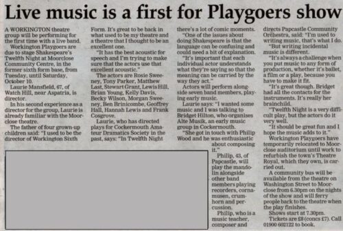 Live Music is a first for playgoers - Friday 2nd October 2015 Times and Star - Not Quite True!