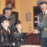'You refuse to share your knockwurst sausage with me?', Geoffrey Hall as Herr Flick, Derek Dearne as Gruber, Carol Jamieson as Helga and Brian Nutter as General Von Smelling