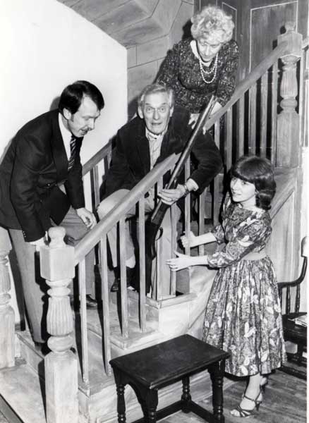 Concern on the stairs as Col. Wagstaffe (Ted Younghusband) puts his foot in it! Looking on are Steve Baxter and Sylvia Heaney