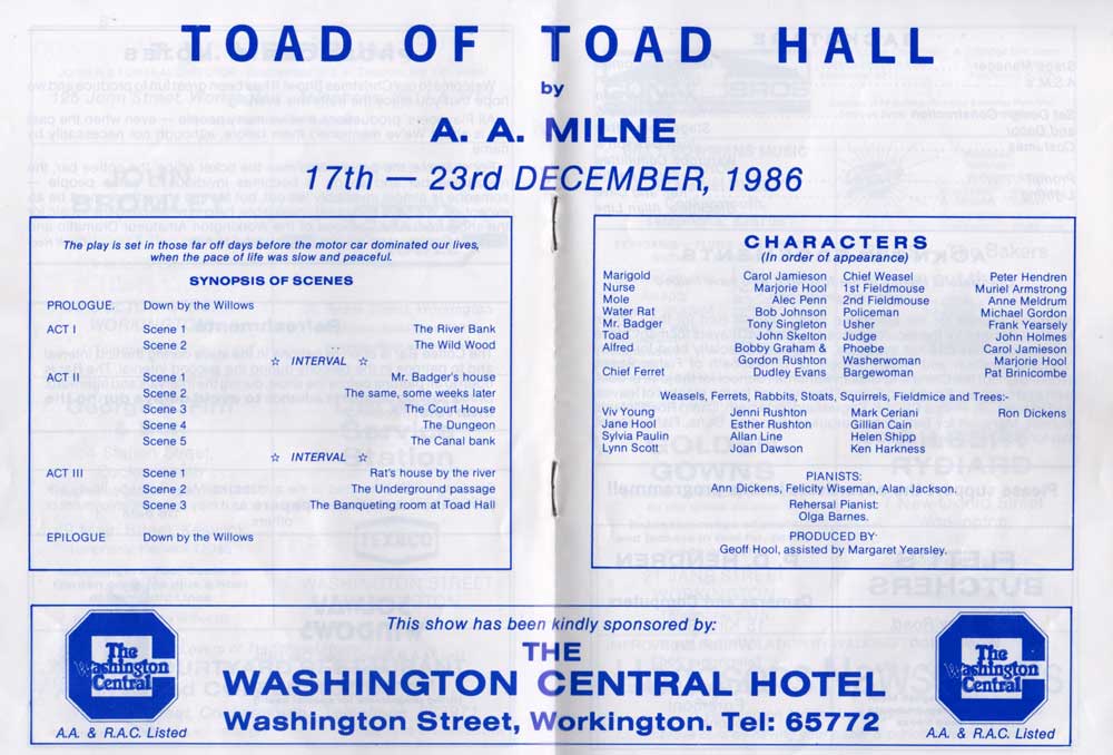 Toad of Toad Hall Sponsored by Washington Central Hotel