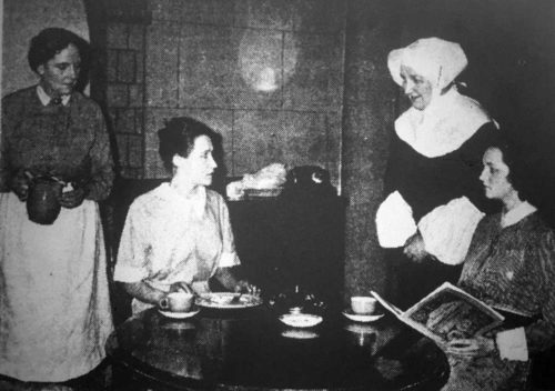 Having tea are Nurses Brett (Dorothy Powers) and Phillips (Betty McLaughlin) watched by Martha (Elizabeth Gale) and Sister Josephine (Ann Johnson)