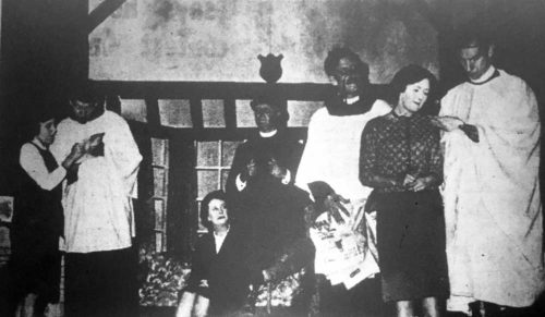 Checking their pools, watched by the Bishop (Richard Yowart) and Miss Skillon (Mary Brown) are Ida , Willie (Dave Collins), the Rev. Humphrey (Ian Bell), Mrs Toop, the Vicar Rev. Toop (Ron Dickens)