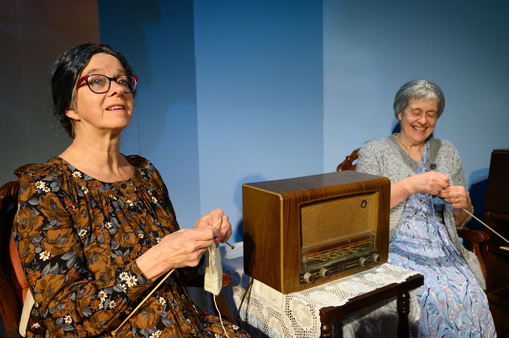 Jane Douglas - Ursula and Pam hayes - Janet enjoying two of their favourite hobbies, knitting and listening to the radio.