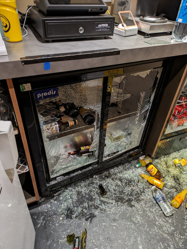 The drinks fridge which was smashed into by vandals